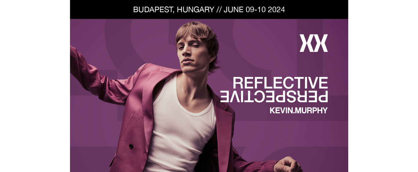 The KEVIN.MURPHY REFLECTIVE PERSPECTIVE show, featuring a male model in a pink suit with the event details